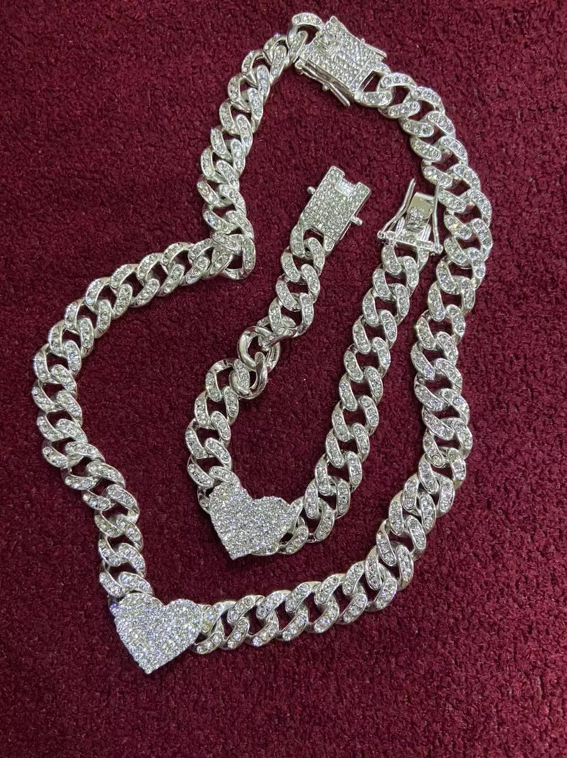 2Pc Rapper Full Heart-shaped Cuban Link - Boujee Collection By Jeneen