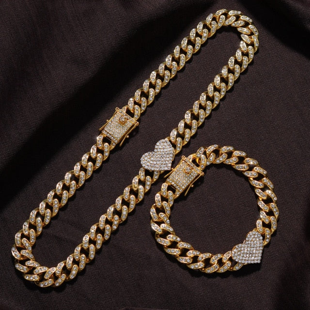 2Pc Rapper Full Heart-shaped Cuban Link - Boujee Collection By Jeneen