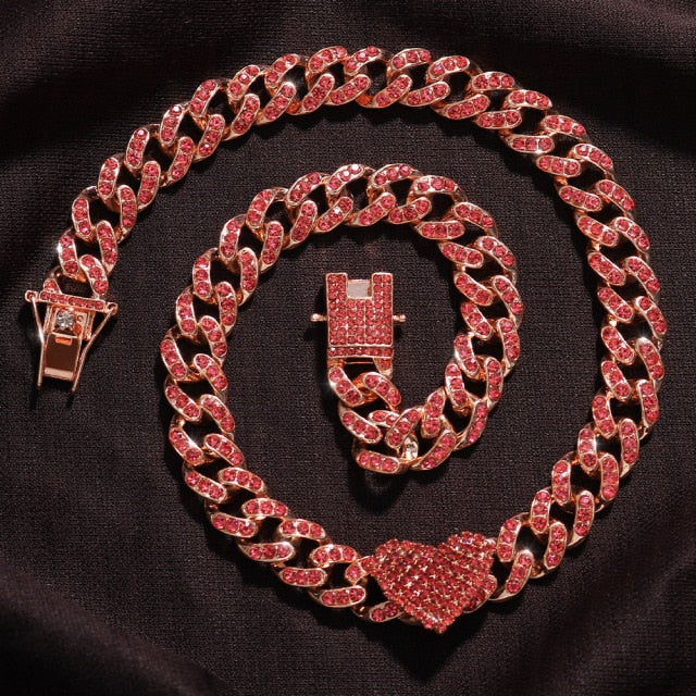 2Pc Rapper Full Heart-shaped Cuban Link - Boujee Collection By Jeneen