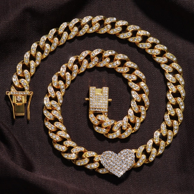 2Pc Rapper Full Heart-shaped Cuban Link - Boujee Collection By Jeneen